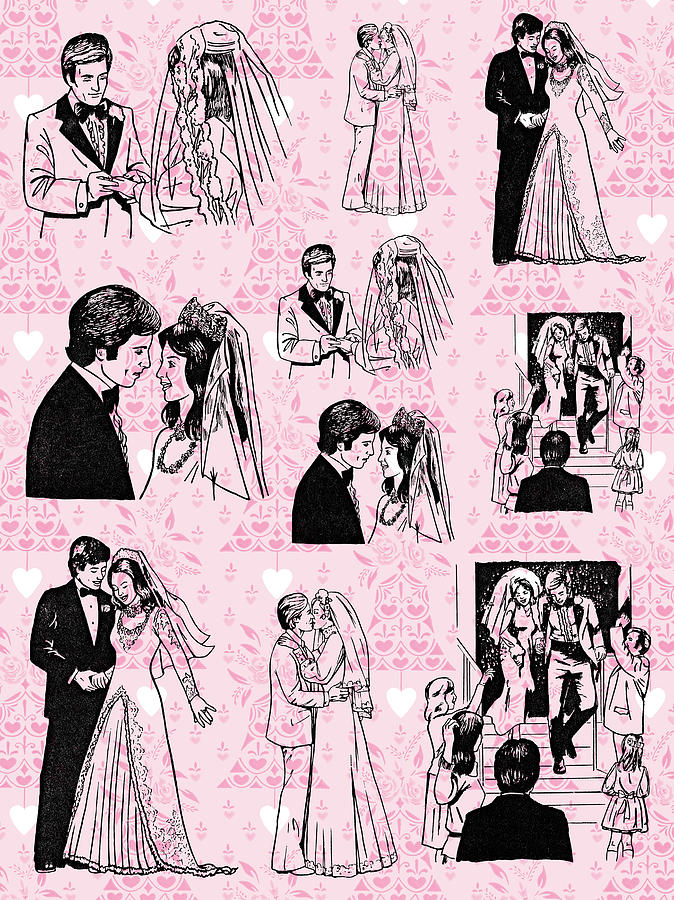 Vintage Drawing - Pattern of Wedding Couples by CSA Images
