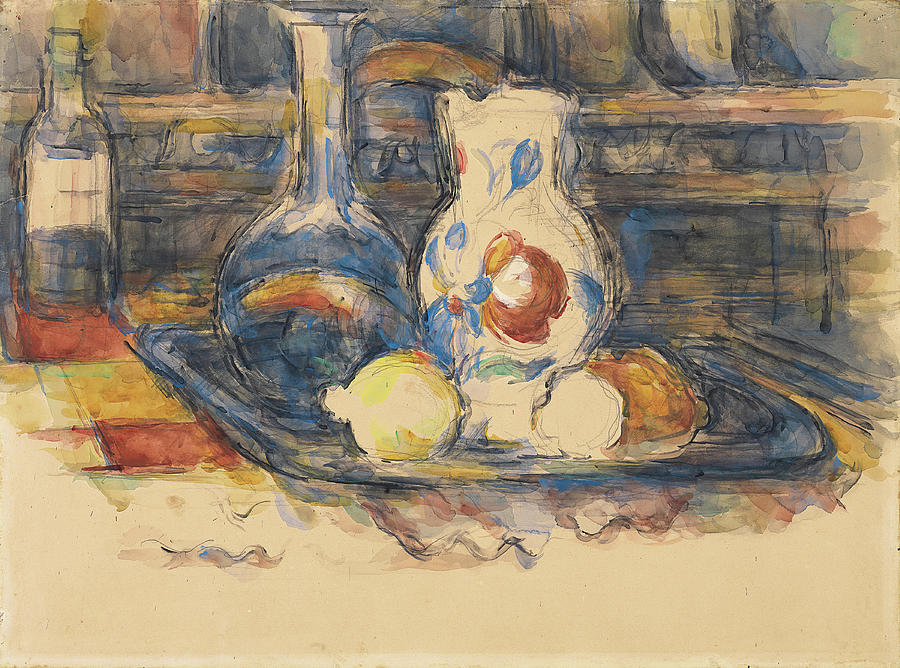 Paul Cezanne -Aix-en-Provence, 1839-1906-. Bottle, Carafe, Jug and Lemons -1902 - 1906-. Watercol... Painting by Paul Cezanne -1839-1906-