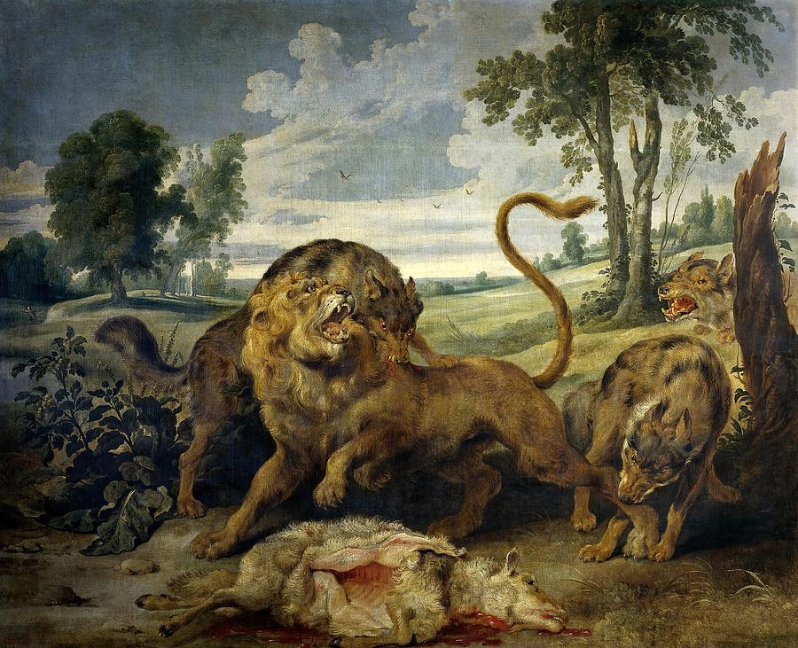 Paul de Vos / A Lion and Three Wolves, 17th century, Flemish School. Painting by Paul de Vos -c 1596-1678-