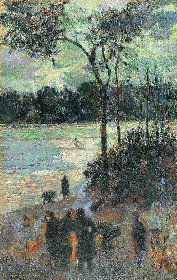 Paul Gauguin -Paris, 1848-Atuona, Marquesas Islands, 1903-. The Fire at the River Bank -1886-. Oi... Painting by Eugene Henri Paul Gauguin -1848-1903-