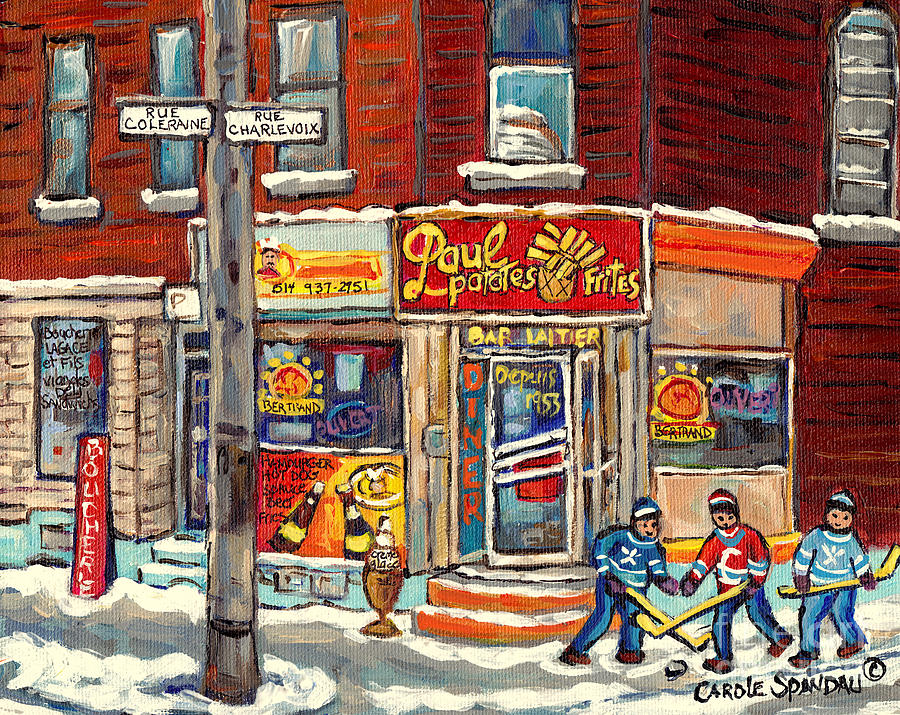 Paul Patate Pointe St Charles Coleraine And Charlevoix Canadian Winter Scene Hockey Art C Spandau   Painting by Carole Spandau