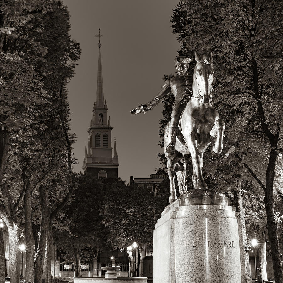 Paul Revere Monument and Old North Church - Boston Freedom Trail in Sepia Photograph by Gregory Ballos