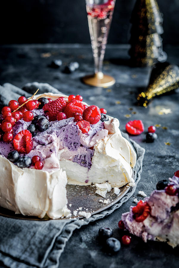 Pavlova Cake With Forest Fruit And Mascarpone, Champagne In The Background Photograph by Diana Kowalczyk