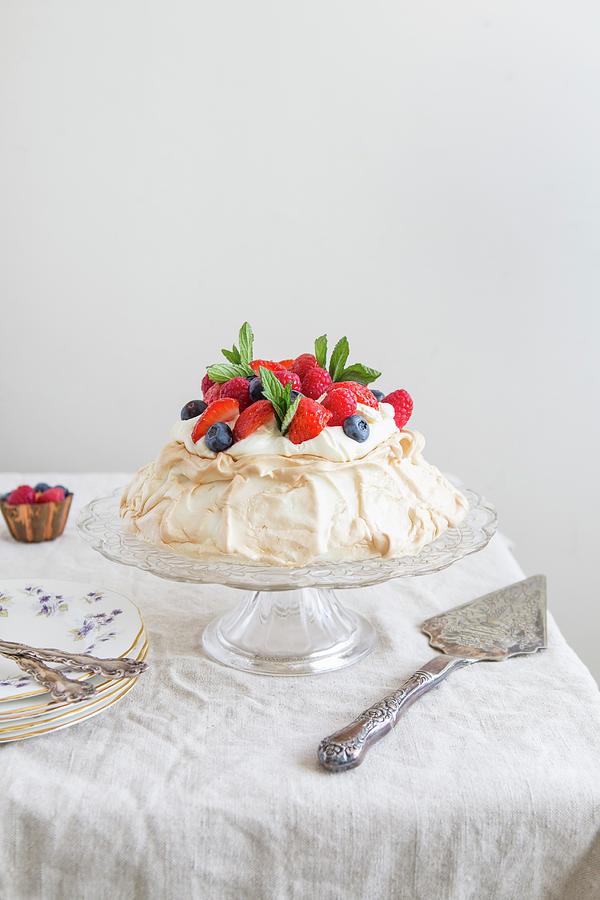 Pavlova With Summer Berries On A Cake Stand Photograph by Aniko Takacs