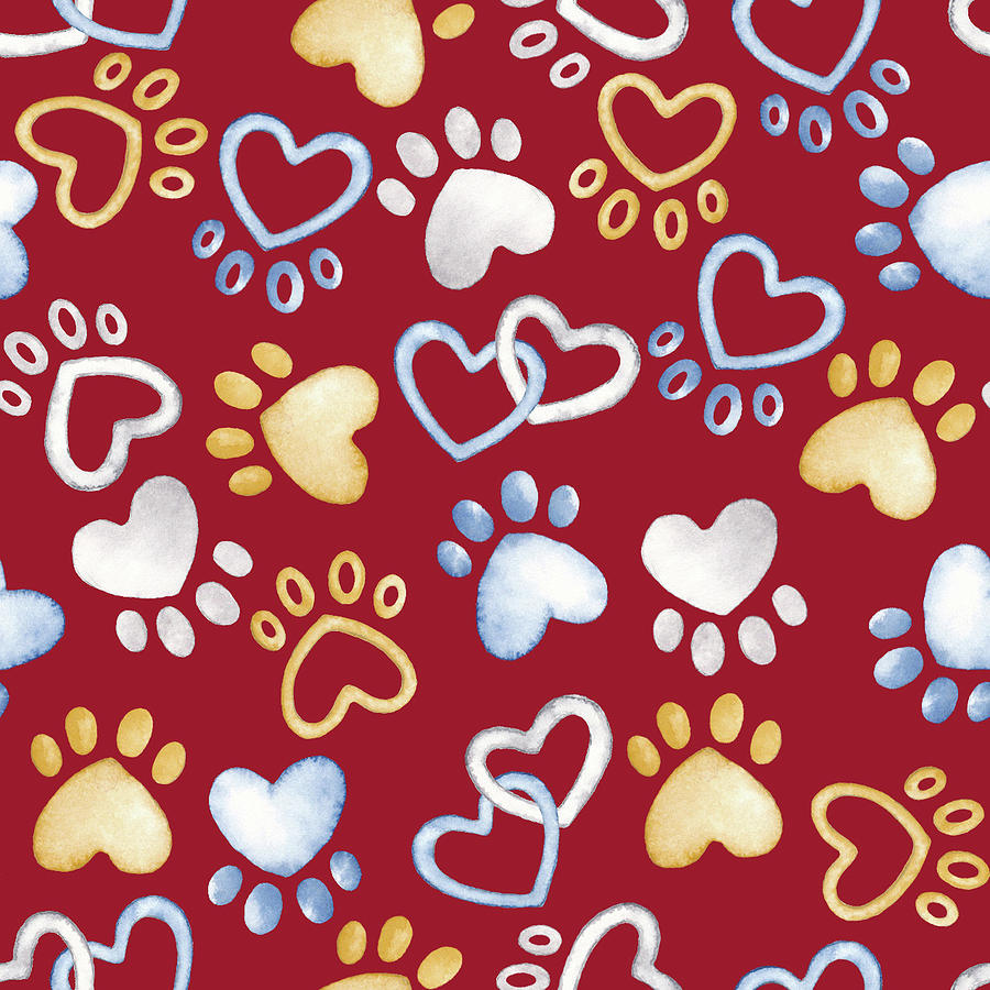 Pattern Mixed Media - Paws And Hearts Pattern Square On Red by Andi Metz