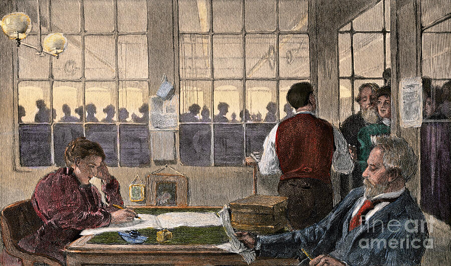 Vintage Drawing - Payday In A Textile Factory Workers Queue To Receive Their Wages, Usa, Around 1890 Colour Engraving Of The 19th Century by American School