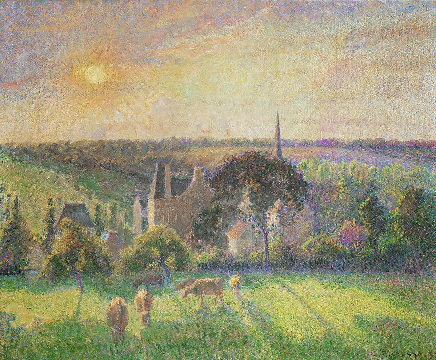 Paysage a Eragny eglise et ferme dEragny. Landscape at Eragny, France, 1937-59. Painting by Camille Pissarro -1830-1903-