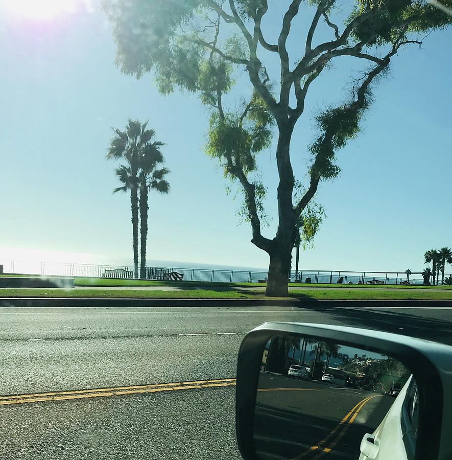 PCH Ocean View Laguna Beach with tree and car side mirror reflection  Digital Art by Kat Kem Art
