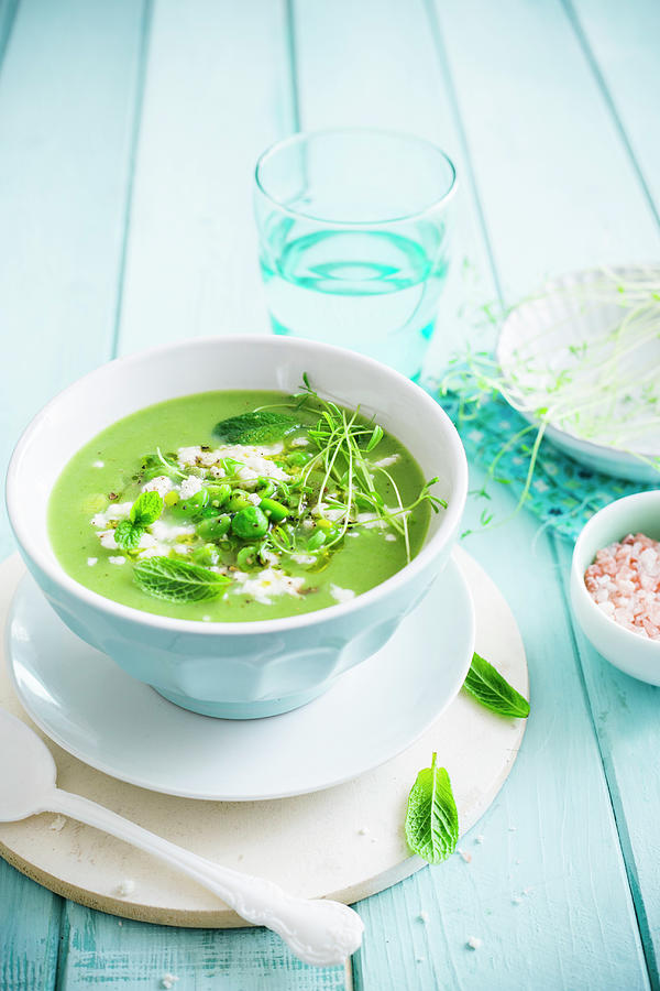 Pea And Fava Bean Soup With Beansprouts And Mint Leaves Photograph by Maricruz Avalos Flores