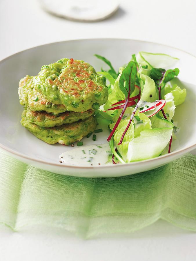 Pea And Mint Cakes With A Mixed Leaf Salad Photograph by Jalag / Jan-peter Westermann
