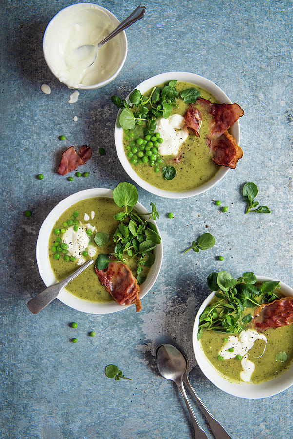 Pea And Watercress Soup With Crispy Air Dried Ham And Cream Photograph by Magdalena Hendey