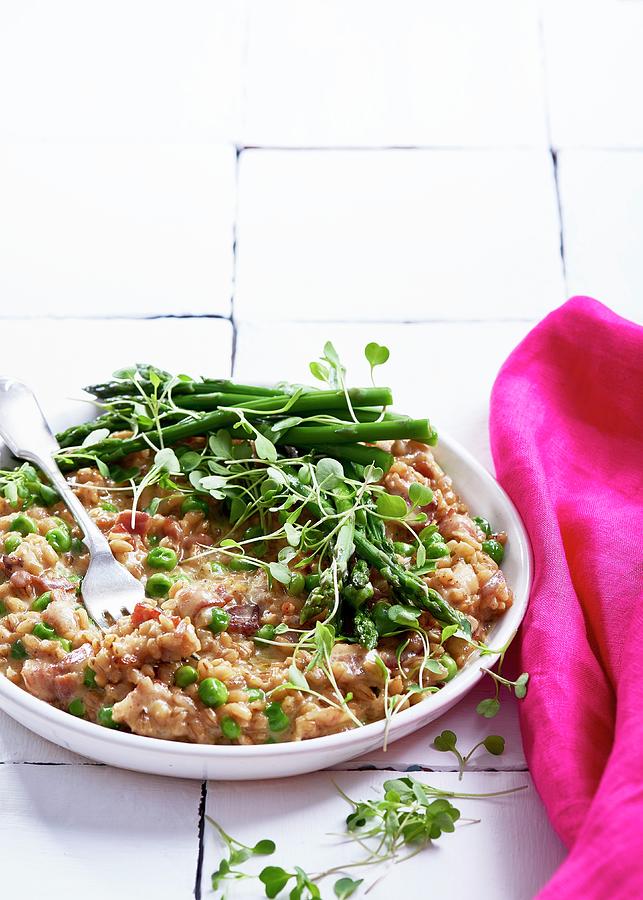 Pea, Asparagus And Mature Cheddar Barley Risotto Photograph by Great Stock!