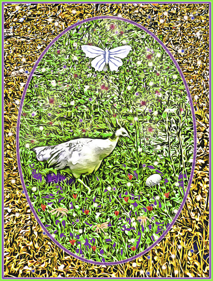 Pea Hen with Egg and Butterfly Digital Art by Lise Winne