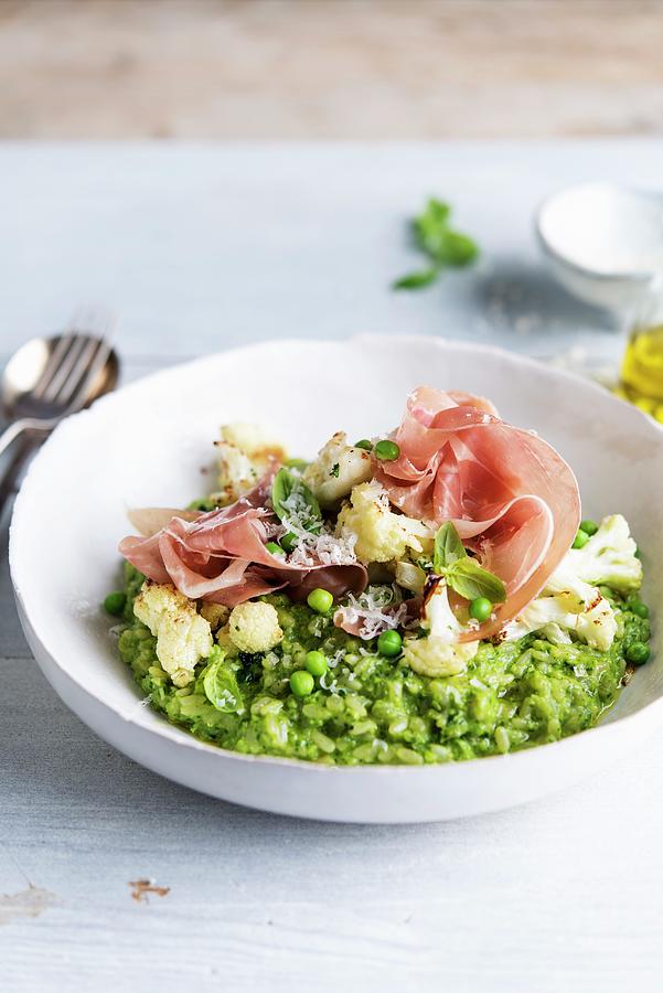 Pea Risotto With Cauliflower, Basil And Raw Ham Photograph by Thys