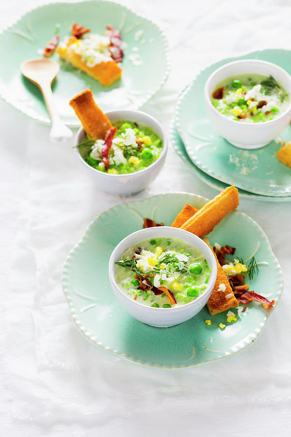 Pea Soup With Ricotta And Diced Bacon Photograph by Peter Kooijman