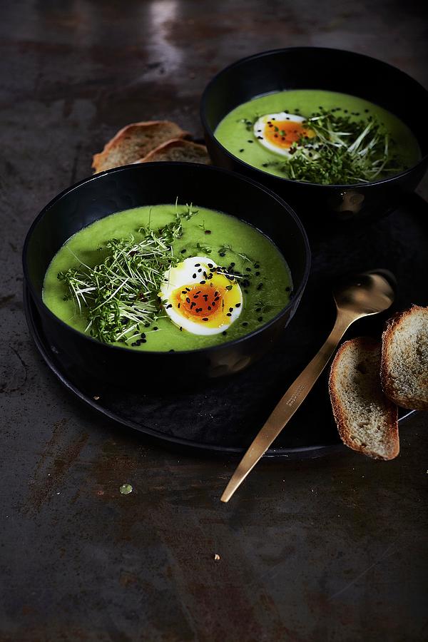 Pea Soup With Soft-boiled Egg, Cress And Black Sesame Seeds Photograph by The Stepford Husband