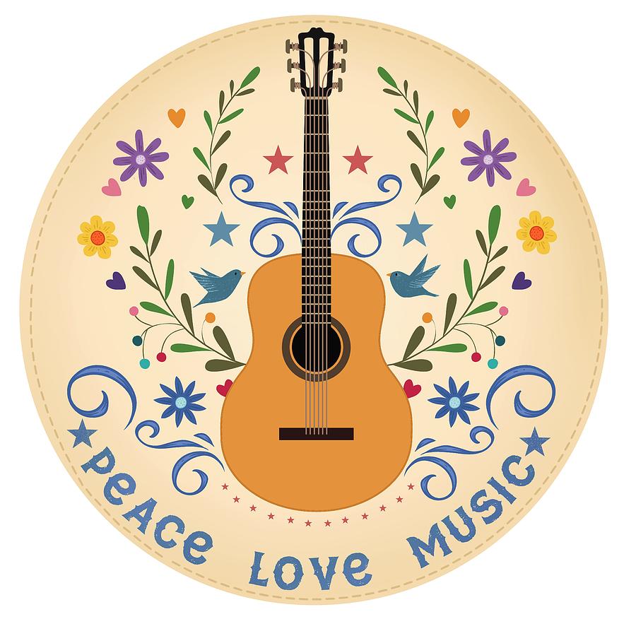 Vintage Painting - Peace Love And Music Folk Guitar Badge by Little Bunny Sunshine