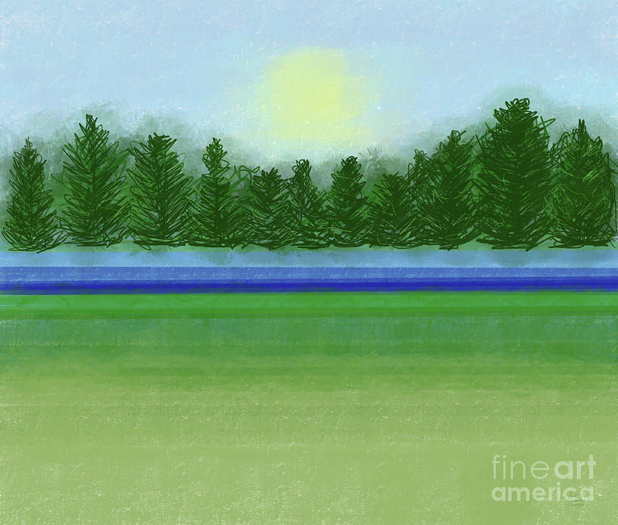 Peaceful Field with River and Trees Landscape Digital Art by Annette M Stevenson
