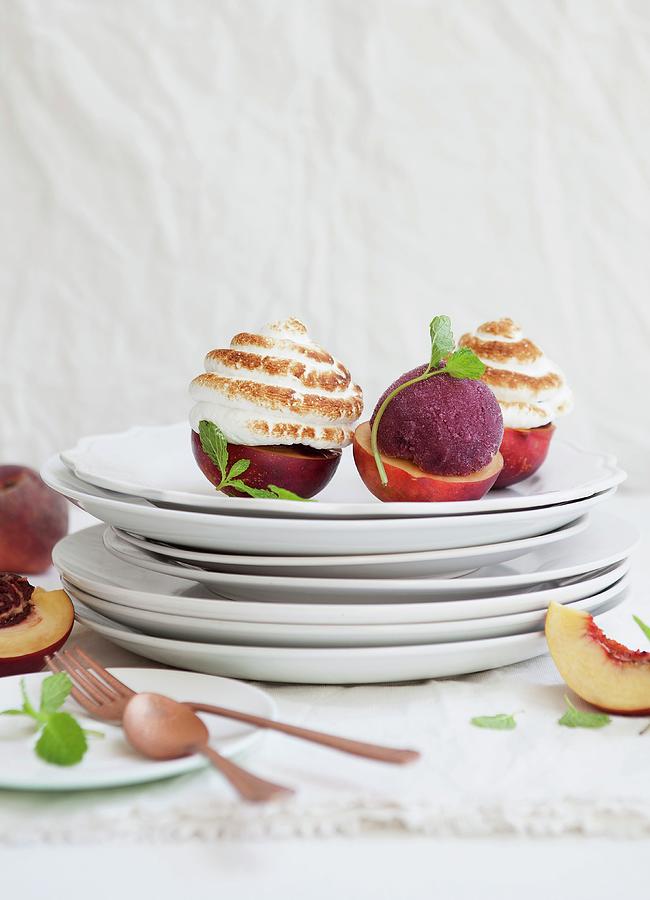 Peach Alaskas With Berry Sorbet Photograph by Great Stock!