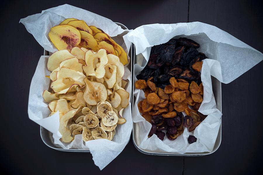 Peach, Apple, Pear And Banana Chips, Dried Plums, Mirabelles And Grapes Photograph by Kati Neudert