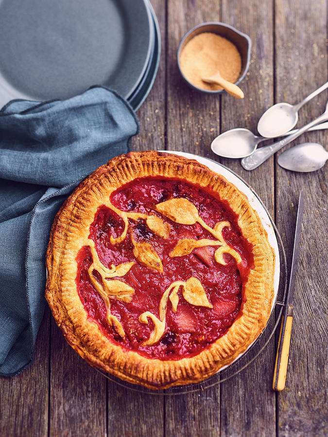 Peach-raspberry Pie With Plant-patterned Pastry Decoration Photograph by Deslandes