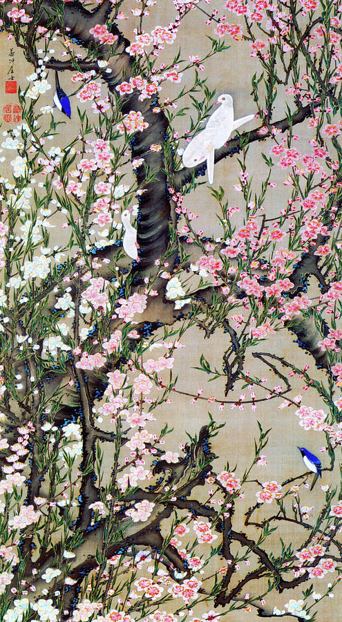 Peach tree and Birds - Digital Remastered Edition Painting by Ito Jakuchu