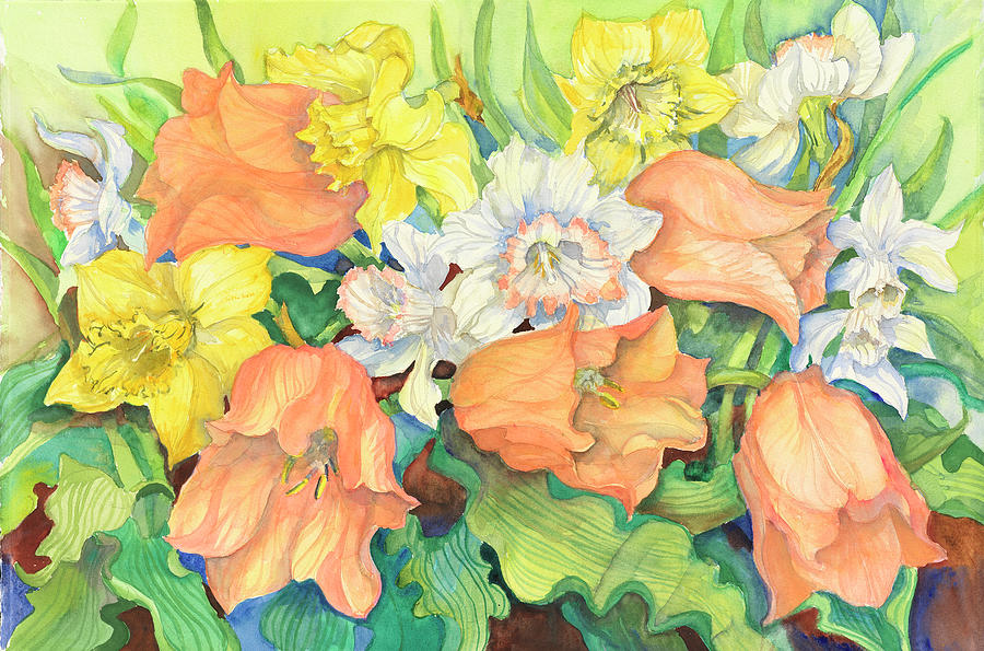 Peach Tulips & Daffodils Painting by Joanne Porter