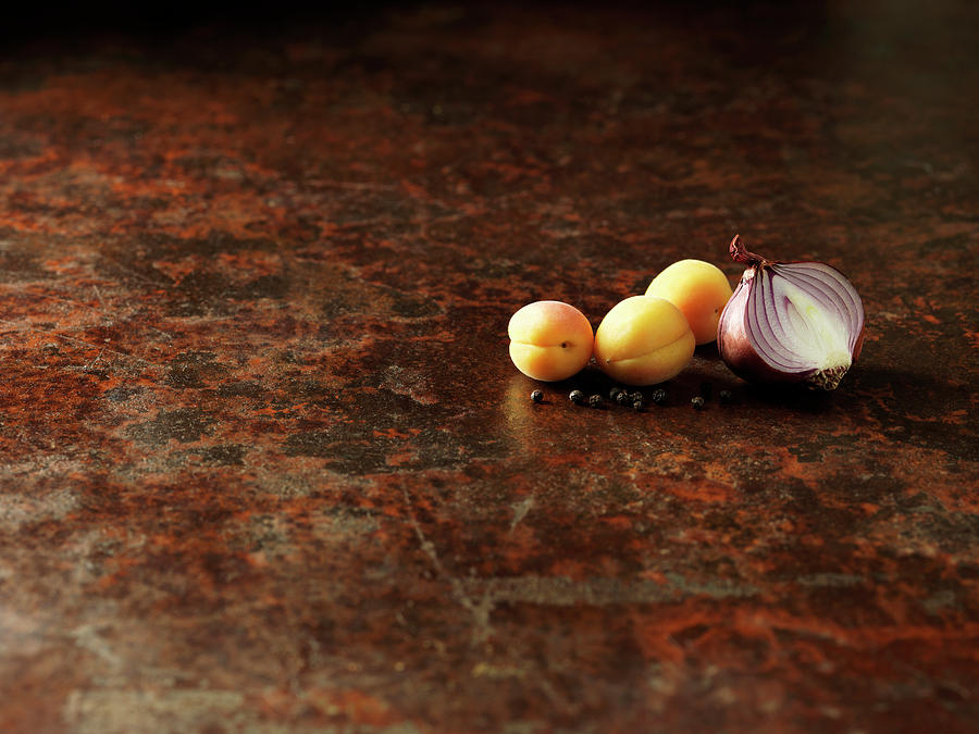 Still Life Digital Art - Peaches And Half Red Onion On Rusty Surface by Diana Miller