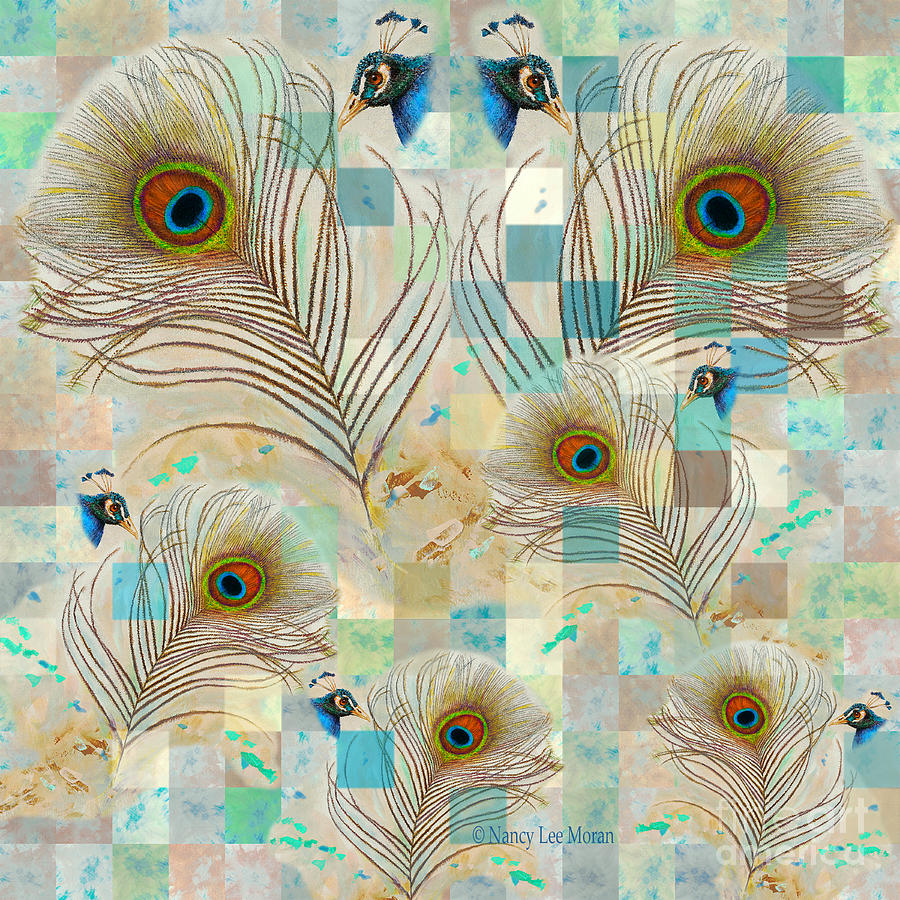 Peacock Fascination Feathers and Faces Mixed Media by Nancy Lee Moran
