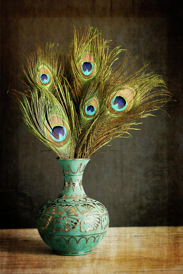Peacock Feathers In Blue Vase by Tom Quartermaine