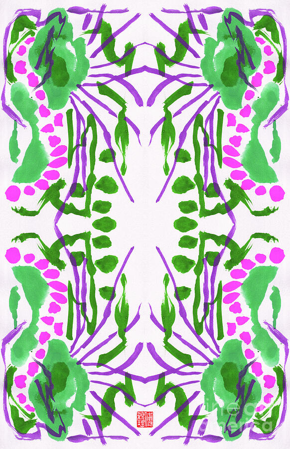 Peacock Green Pink Floral Pattern, 2023 Gouache On Paper, Digital Painting by Odilia Fu