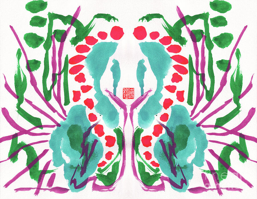 Peacock Green Red Floral Pattern, 2023 Gouache On Paper, Digital Painting by Odilia Fu