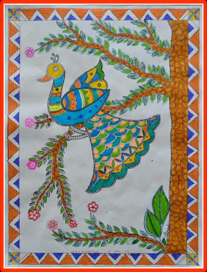 Peacock in Madhubani Painting by Sonali Gangane