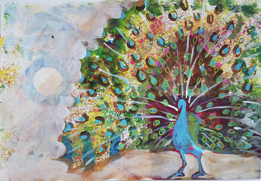 Peacock in Morning Mist Painting by Tilly Strauss