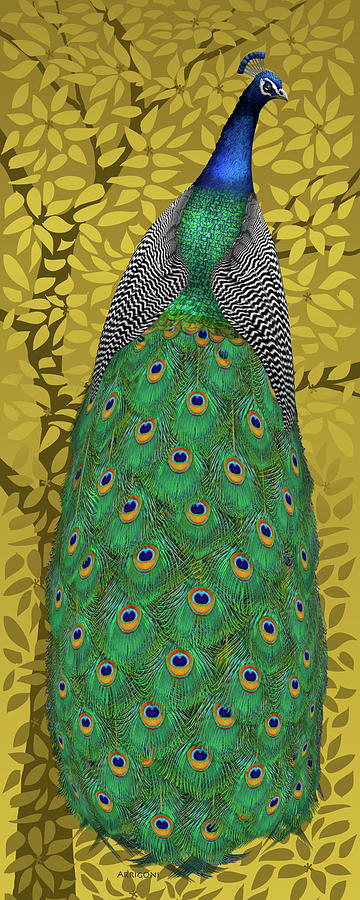 Peacock in Tree, Golden Ochre, Tall Painting by David Arrigoni