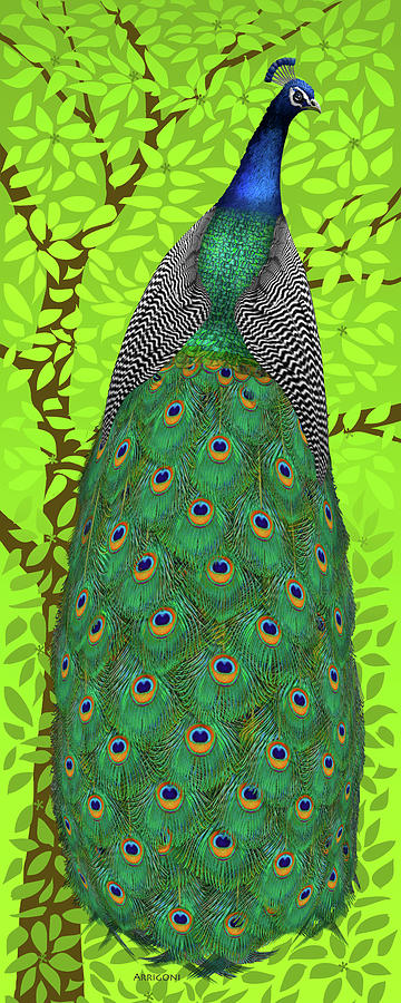 Peacock in Tree, Lime Green, Tall Painting by David Arrigoni