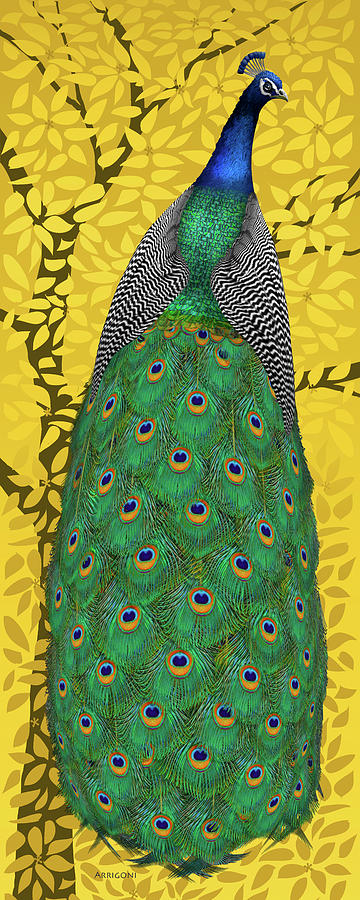 Peacock in Tree, Naples Yellow, Tall Painting by David Arrigoni