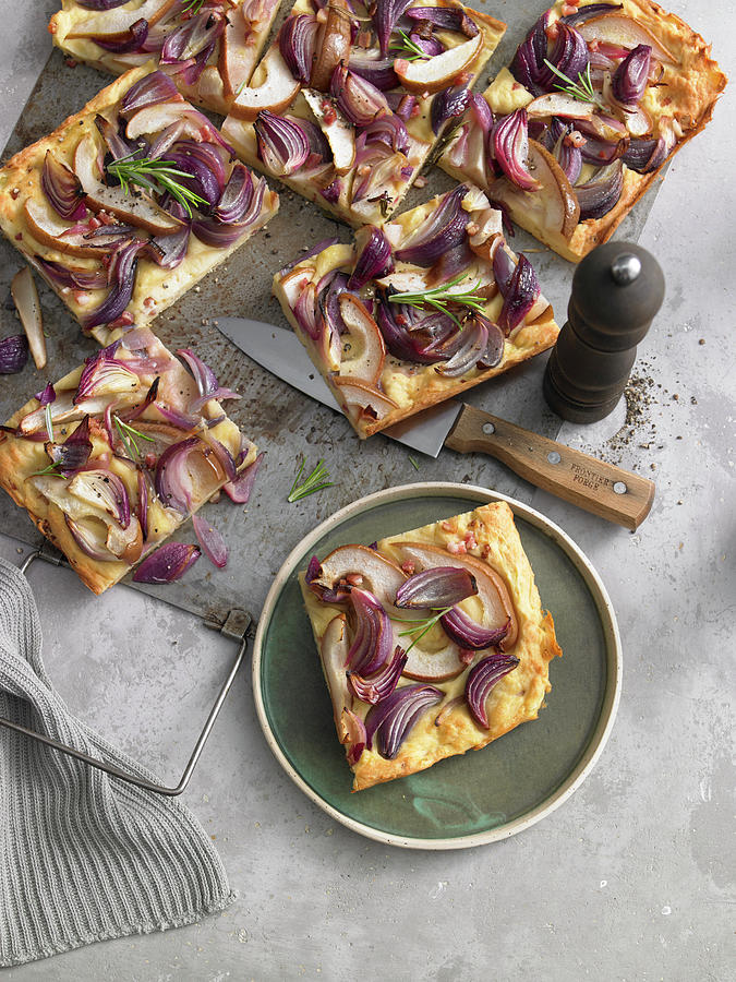 Pear And Onion Tart With Bacon Photograph by Jan-peter Westermann / Stockfood Studios