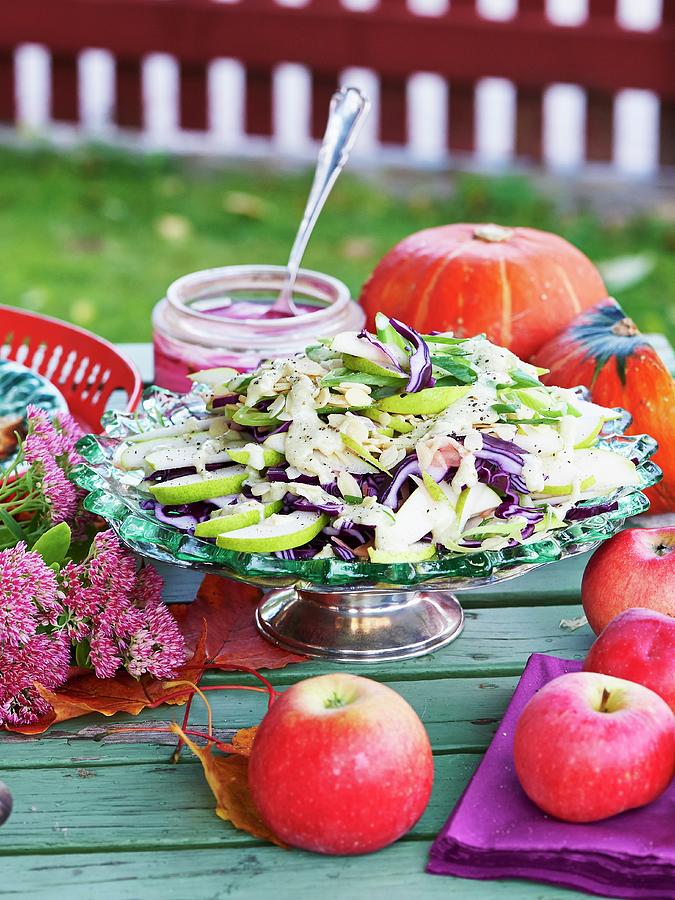 Pear And Red Cabbage Salad With Almonds On An Autumnal Table Outside Photograph by Hannah Kompanik