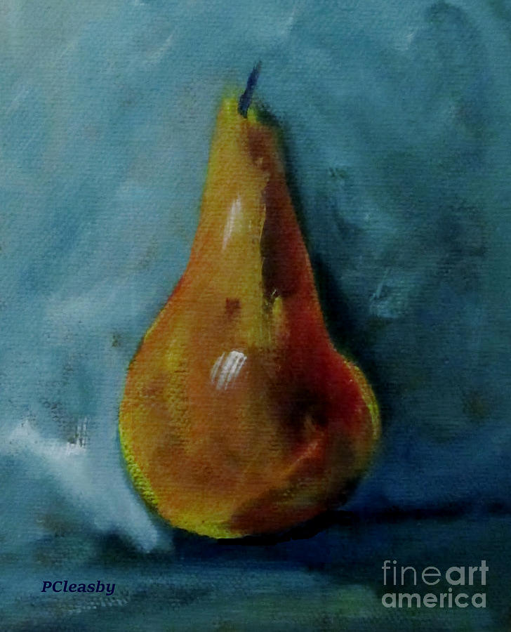 Pear Painting - Pear on Blue Background by Patricia Cleasby