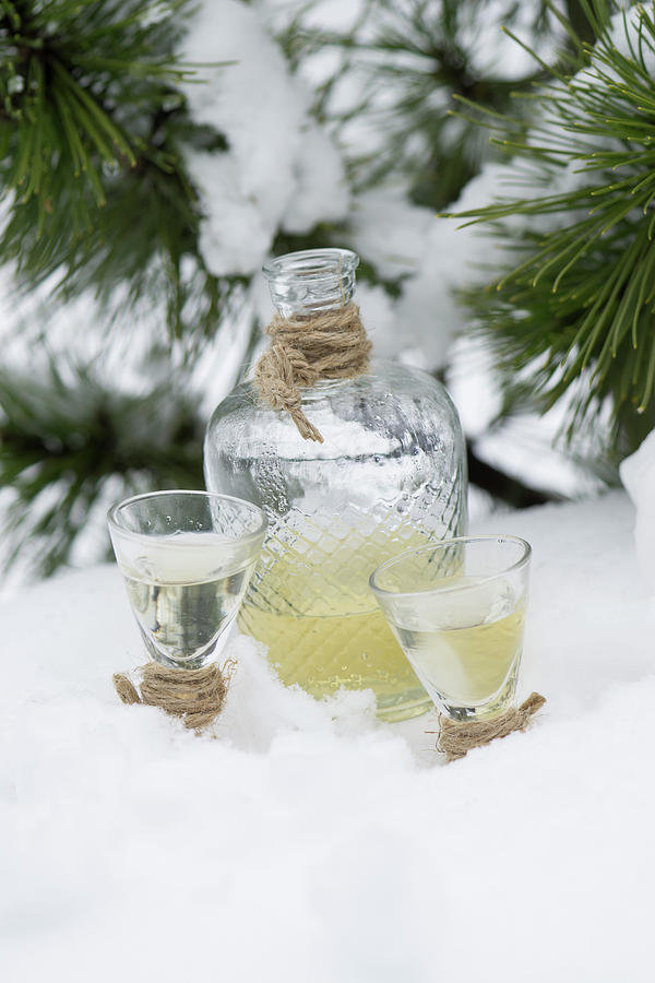 Pear Schnapps In Two Glasses And A Carafe In The Snow Photograph by Martina Schindler