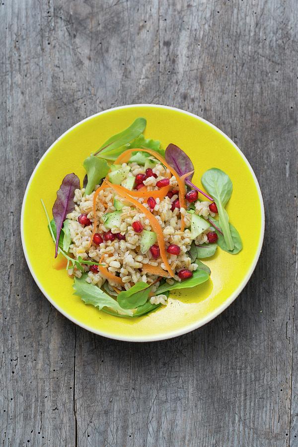 Pearl Barley Salad With Pomegranate Seeds And Vegetables On A Bed Of Lettuce Photograph by Sandra Eckhardt