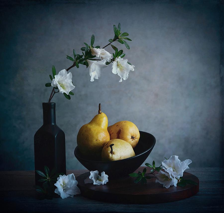 Pear Photograph - Pears & Flowers by Fangping Zhou