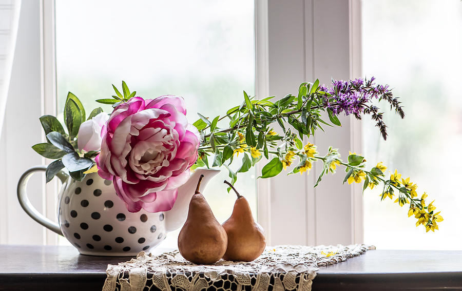 Pears and Flowers by the Window Photograph by Maggie Terlecki