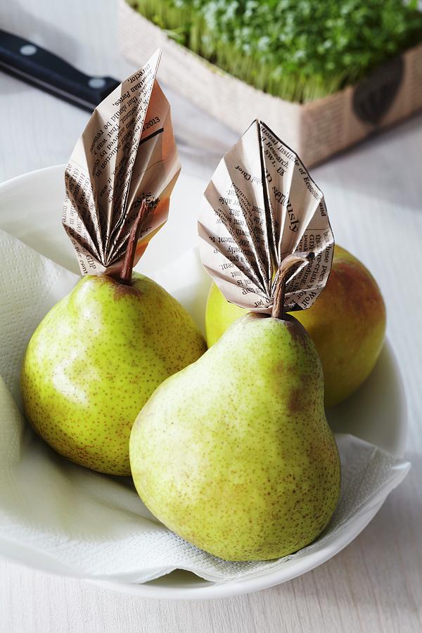 Pears Decorated With Newspaper Leaves Photograph by Franziska Taube