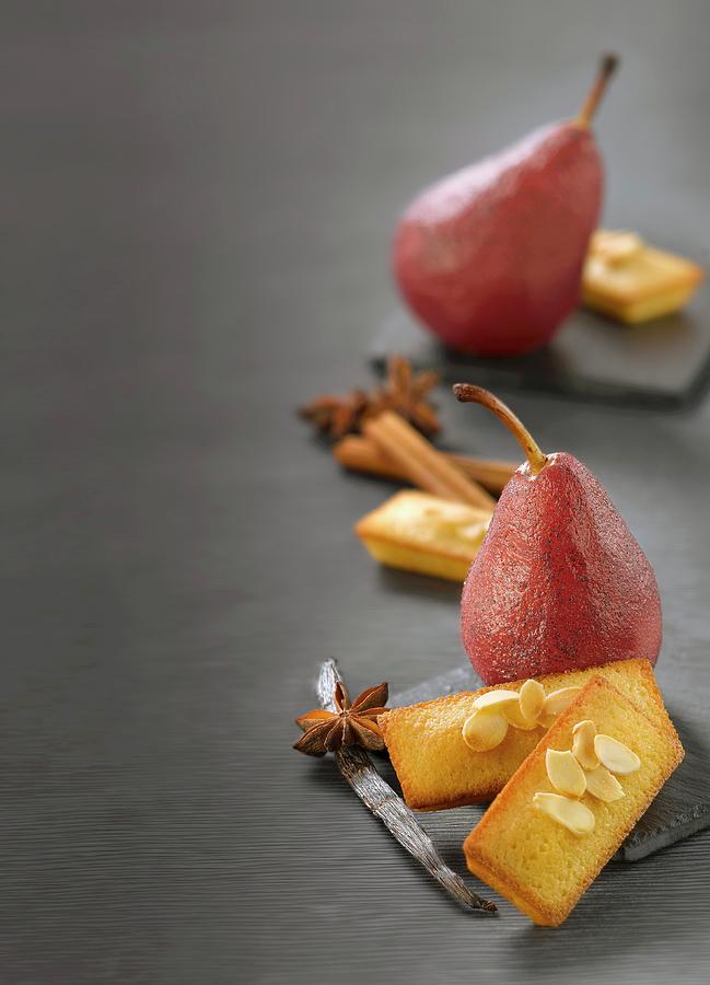 Pears Poached In Spicy Wine, Almond Financiers Photograph by Studio