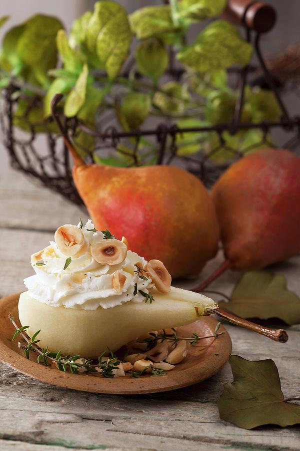 Pears With Cream Cheese Mousse, Hazelnuts And Thyme Photograph by Blueberrystudio