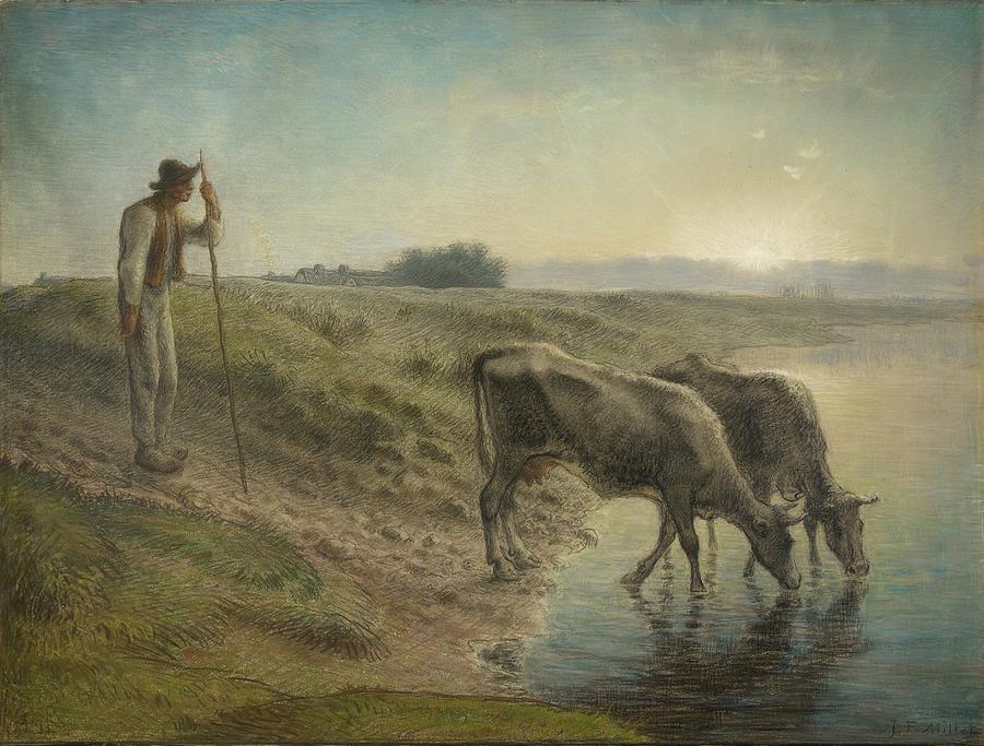 Cow Painting - Peasant Watering His Cows On The Bank Of The Allier River by Jean-francois Millet