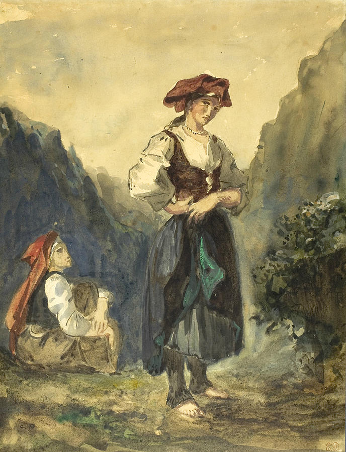 Peasant Women from the Region of the Eaux-Bonnes Drawing by Eugene Delacroix