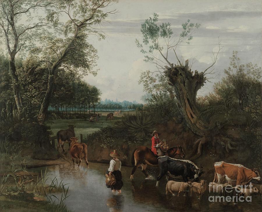 Peasants Crossing A Stream Drawing by Heritage Images